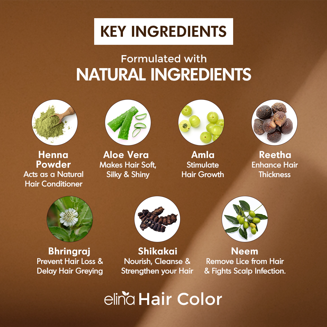Elina Henna Based Hair Color Powder | Hair Color for Men & Women | Full Coverage of Grey Hair | Long Lasting | No Ammonia & No Barium | Pack of 6 (10g Each) - Dark Brown