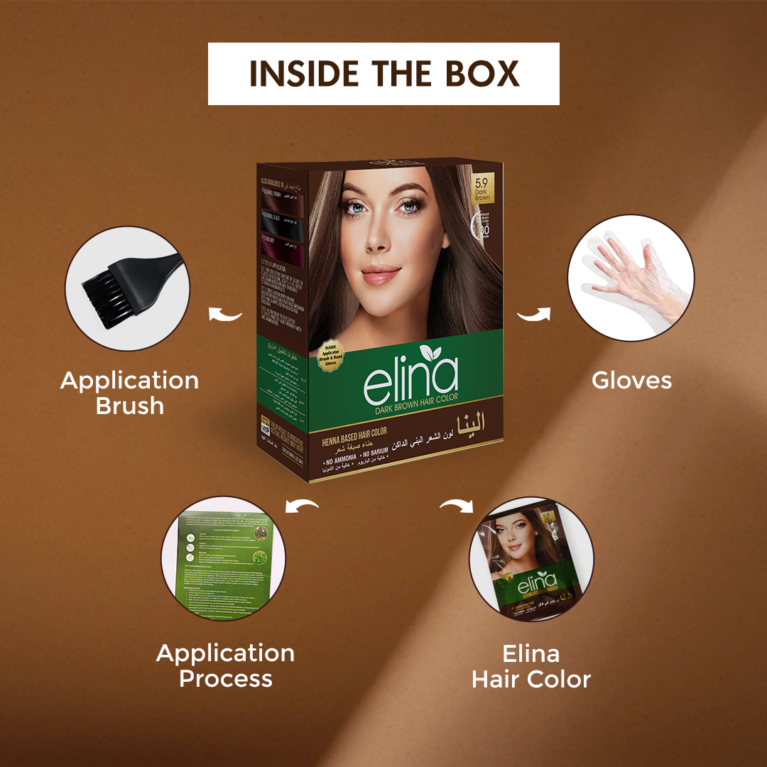 Elina Henna Based Hair Color Powder | Hair Color for Men & Women | Full Coverage of Grey Hair | Long Lasting | No Ammonia & No Barium | Pack of 6 (10g Each) - Dark Brown