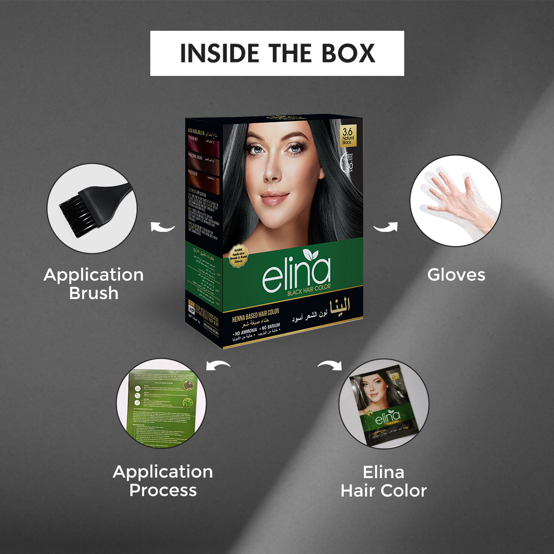 Elina Henna Based Hair Color Powder | Hair Color for Men & Women | Full Coverage of Grey Hair | Long Lasting | No Ammonia & No Barium | Pack of 6 (10g Each) Black