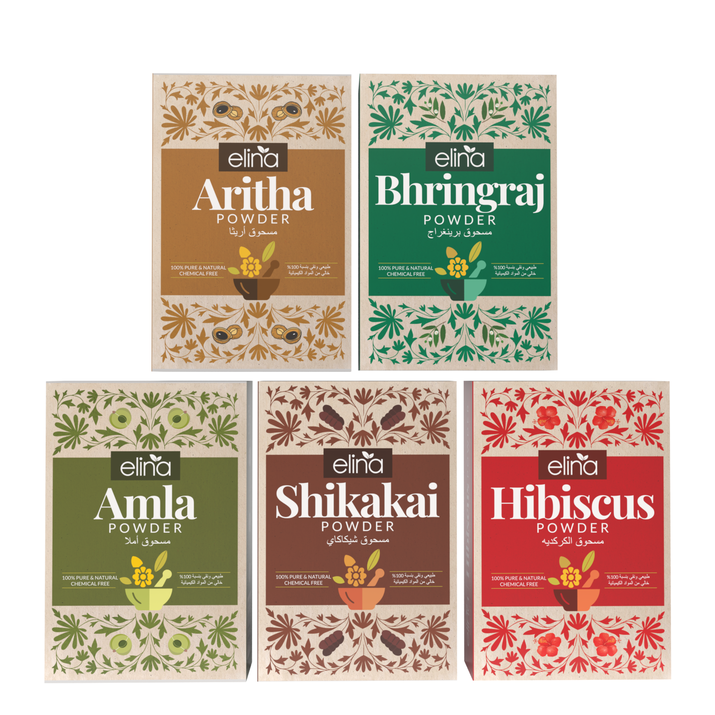 Elina 100% Natural Amla, Reetha, Shikakai, Bhringraj, Hibiscus Powder – Ayurvedic Herbal Hair Care Pack for Hair Growth, Anti-Dandruff, and Conditioning | Organic, Chemical-Free (100g*5) (500g)